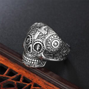 Magic Ring~316L Stainless steel Gothic gold Carving kapala Skull Ring Biker Hiphop rock Jewelry For man HF182