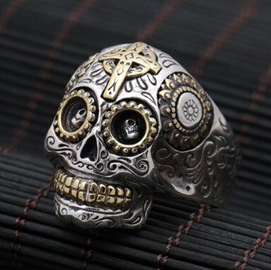 Magic Ring~316L Stainless steel Gothic gold Carving kapala Skull Ring Biker Hiphop rock Jewelry For man HF182