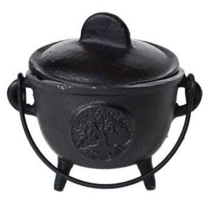 AzureGreen Home Fragrance Incense Holder Cauldrons Tree of Life Cast Iron Three Legged with Handle and Lid 5"