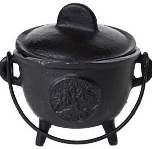 Witchcraft~Home Fragrance Incense Holder Cauldrons Tree of Life Cast Iron Three Legged with Handle and Lid 5"