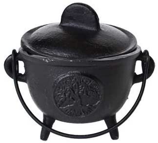 Witchcraft~Home Fragrance Incense Holder Cauldrons Tree of Life Cast Iron Three Legged with Handle and Lid 5"