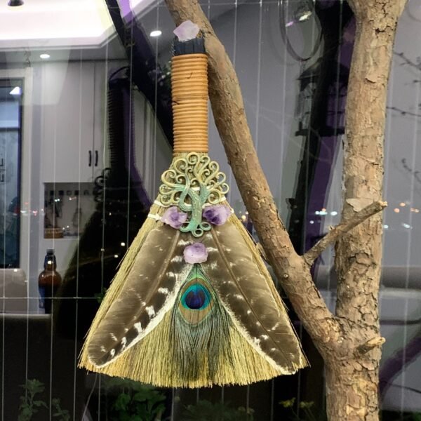 31cm*20cm Wicca decor altar decoration Witch accessories Amethyst broom Pendant quartz feather tree Home Protection Banish Evil
