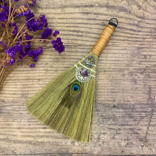 31cm*20cm Wicca decor altar decoration Witch accessories Amethyst broom Pendant quartz feather tree Home Protection Banish Evil