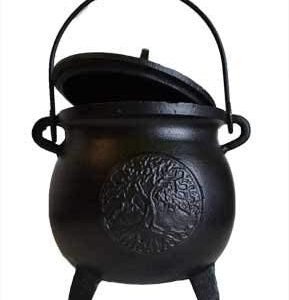 Witchcraft~Home Fragrance Potpourris Cauldrons Tree of Life Cast Iron Three Legged with Handle and Lid Large 8"