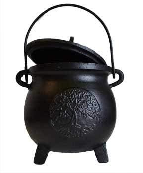 Witchcraft~Home Fragrance Potpourris Cauldrons Tree of Life Cast Iron Three Legged with Handle and Lid Large 8"