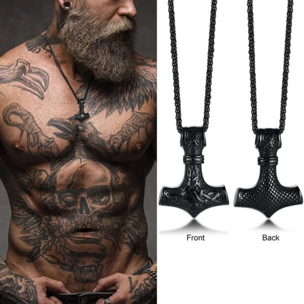 Mjolnir The Hammer of Thor Norse Pagan Symbol Pendant Necklace Stainless Steel Double Sided Dragon Design Viking Jewelry