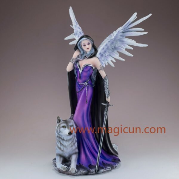 Fairy Collection~Dark Gothic Angel With Wolf Figurine Statue 10.5" High Winged Fairy Warrior New