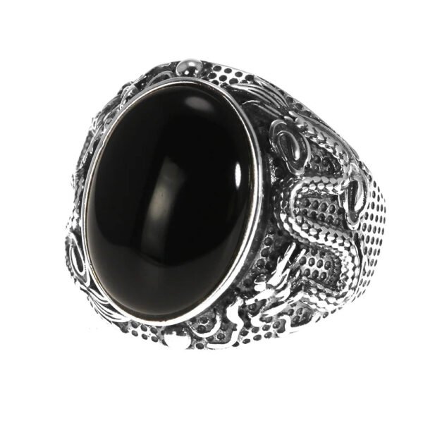 Natural Black Onyx Dragon Engraved Retro Vintage Men's Rings Adjustable