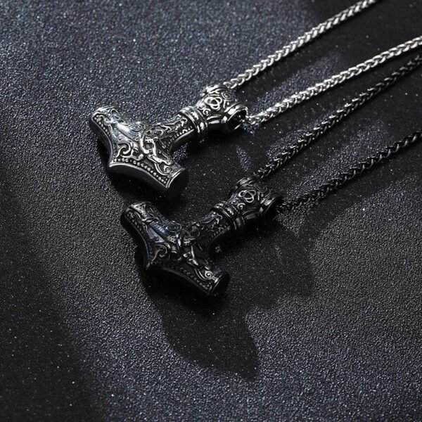 Mjolnir The Hammer of Thor Norse Pagan Symbol Pendant Necklace Stainless Steel Double Sided Dragon Design Viking Jewelry