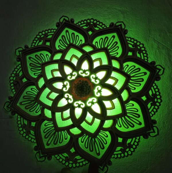 Wooden Carved LED Mandala Lotus Lamp – Wall Hanging Night Light for Yoga Room & Bedroom | Home Decor Art Statue