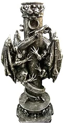 Magic  Collection~2 Dragon Candlestick Holder 9.5” Tall Pewter Color Fantasy Mythical mid-Evil Gothic Veronese Collection