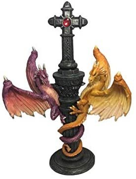 Magic  Collection~Flying Dragons Candlestick Candle Holder 8 inches Tall Celtic Cross with Stand Gothic