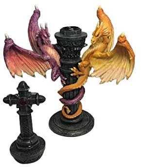 Magic  Collection~Flying Dragons Candlestick Candle Holder 8 inches Tall Celtic Cross with Stand Gothic