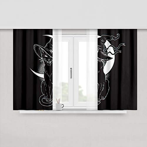 Magic Creature Curtains,Soundproof Blackout Curtains for Bedroom Living Room Window Drapes Panel Set,Black Cat Pointy Witch Hat Line Art