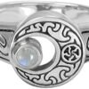 Sterling Silver Crescent Moon Ring with Natural Rainbow Moonstone (sizes 5-12)