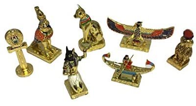 Magic  Collection~7 Miniature Egyptian Figurines : Horus The Falcon, Khufu Ship, Babi The Baboon, Bastet Cat, Falcon, Anke, 2.25"-3.25" Tall
