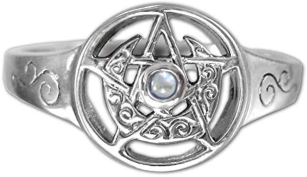 Sterling Silver Crescent Moon Pentacle Pentagram Ring with Rainbow Moonstone (Size 5-12)