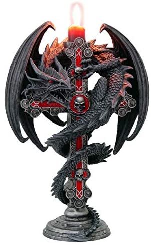 Magicun N.Giftware~, Black Anne Stokes Gothic Guardian Dragon Cross Candle Holder 26.5cm