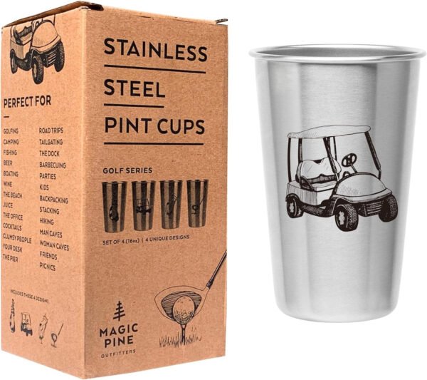 Golf Tumblers - Stainless Steel (Set of 4) - 16Oz Capacity - Unique Gift for Dads, Men, and Prize for Golfers. Designs Include Golf Cart, Glove/Tee, Driver, and Golfing Bag.