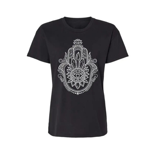 Ladies' Relaxed Fit T-Shirt Featuring Crystal Hamsa Design with Obsidian, Tiger's Eye, and Amethyst Infusion