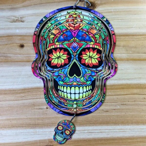 Sugar Skull Wind Spinner for Day of the Dead Outdoor Garden Yard Hanging Ornament Decoration