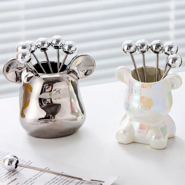 Light Luxury Nordic Bear Fruit Fork Set Stainless Steel Fruit Fork Storage Can Ceramic Cute Bear Fruit Fork Can Fruit Sign