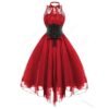 Women Gothic Punk Vintage Party Dresses Sleeveless Cross Back Lace Patchwork Halter Lace Up Court Corset Swing Dress