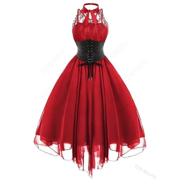 Women Gothic Punk Vintage Party Dresses Sleeveless Cross Back Lace Patchwork Halter Lace Up Court Corset Swing Dress