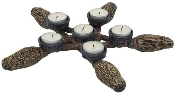 Wiccan Collection~Broomstick Pentagram Tea Light Holder 34cm, Resin, Brown, One Size