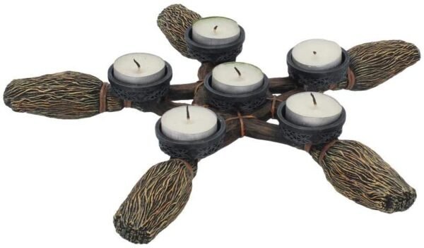 Wiccan Collection~Broomstick Pentagram Tea Light Holder 34cm, Resin, Brown, One Size
