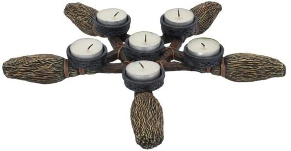 Wiccan Collection~Broomstick Pentagram Tea Light Holder 34cm, Resin, Brown, One Size