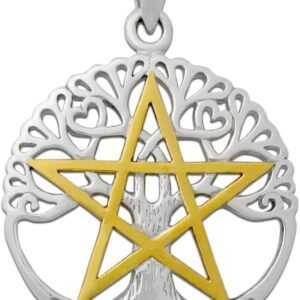 51AvDuLws5L._AC_SL1000 Sterling Silver 14k Gold Plated Cut Out Tree Pentacle Pentagram Pendant; 1 Inch Diameter