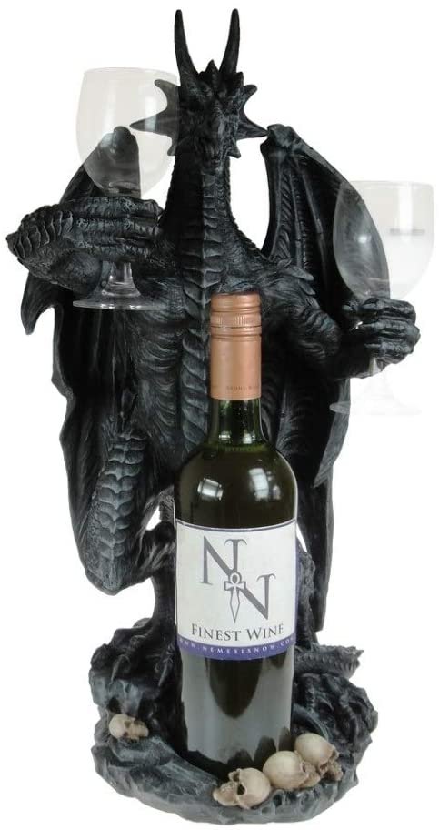 Fantasy Collection~ Dragon Guardian 50cm Wine Bottle Holder, Resin, Black, One Size