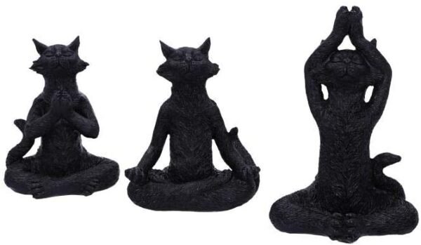 Animal Collection~ Set of Three Meditating Zen Cat Figurines, Polyresin, Black, 18.7 cm