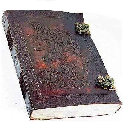 Witchcraft~Handmade Large 8" Embossed Leather Bound Journal Dragon with lock Genuine Brown Antique Old personal Diary notebook journal gift