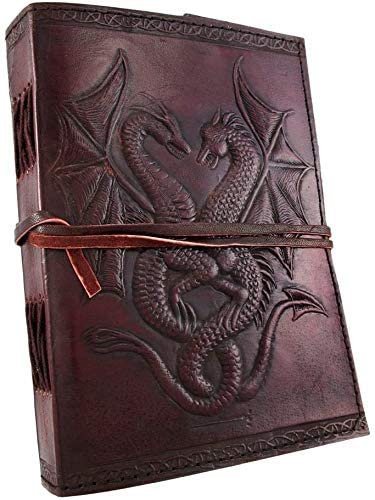 Witchcraft~DOUBLE DRAGON Blank Page BOOK Handcrafted Leather Writing Unlined 5 x 7 JOURNAL (Brown)
