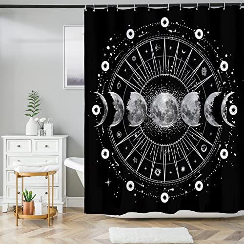 Shower Curtain - Print Polyester Fabric Waterproof Shower Curtain by iLiveX, Machine Washable, Hooks Included, Bathroom Decoration, 72"x72", Black White Sun Moon Stars Mysterious Wizard Tarot