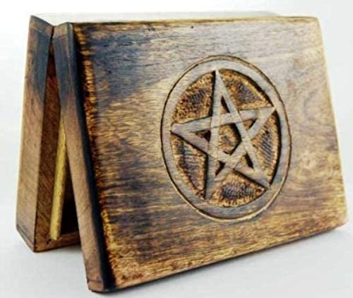 Home Decor~Something Different Wooden Tarot Card Box With Engraved Pentagram (17x12 cm)