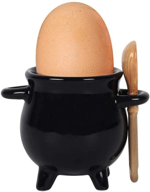 Black Cauldron Egg Cup with Broom Spoon Witch/Occult