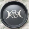 Pentagram and Triple Moon Altar Ritual Burning Candle Holder Plate Bowl - Diameter 7inch Height 0.8inch Carbon Steel Offering Incense Burning Flat Bowl for Smudging Decoration
