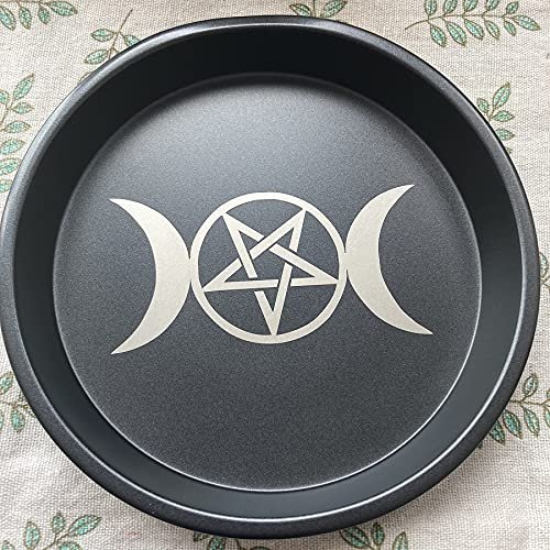 Pentagram and Triple Moon Altar Ritual Burning Candle Holder Plate Bowl - Diameter 7inch Height 0.8inch Carbon Steel Offering Incense Burning Flat Bowl for Smudging Decoration