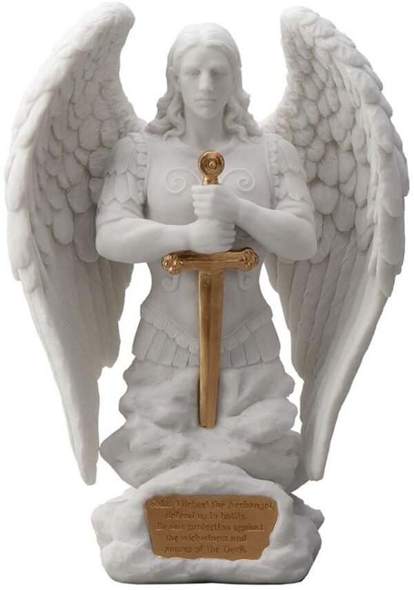 Magic  Collection~9.1 Inch Saint Michael Prayer Archangel Monument Marble White Golden Finish Angel Statue