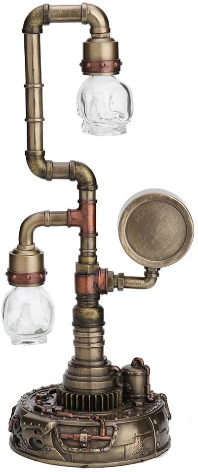 Magic  Collection~14.75 Inch Steampunk Pipework Clock Stand Lamp Light Crystal Skull Bulb LED Lighting Antique Bronze Finish Sculpture
