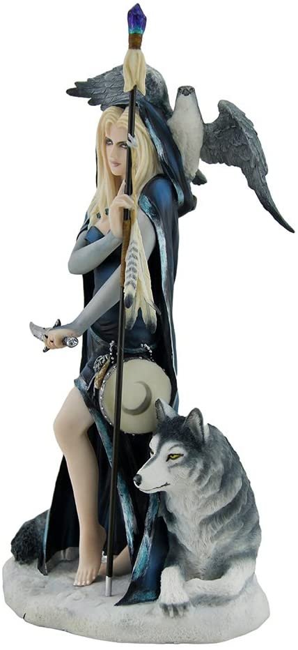 Magicun  Collection~Arcana The Shaman by Ruth Thompson Medicine Woman w/Grey Wolf & Falcon Statue