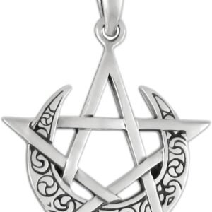 Sterling Silver Simple Moon Pentacle Pentagram Pendant; 1 Inch Tall