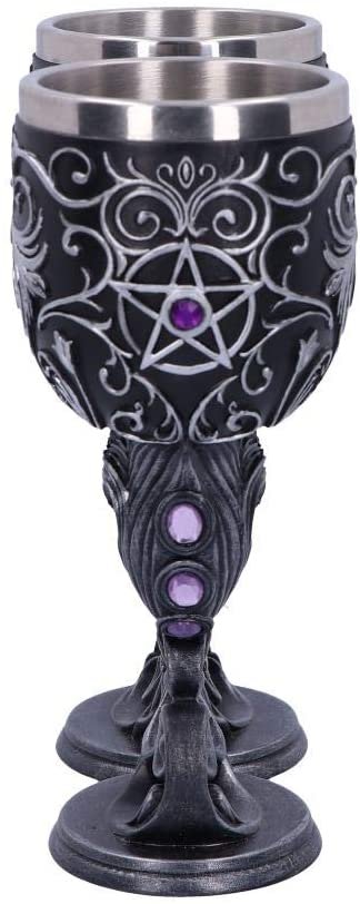 Wiccan Collection~Hex Twin Cat Heart Set of Two Goblets, Resin w/Stainless Steel Insert, Black and Silver, 18.5cm