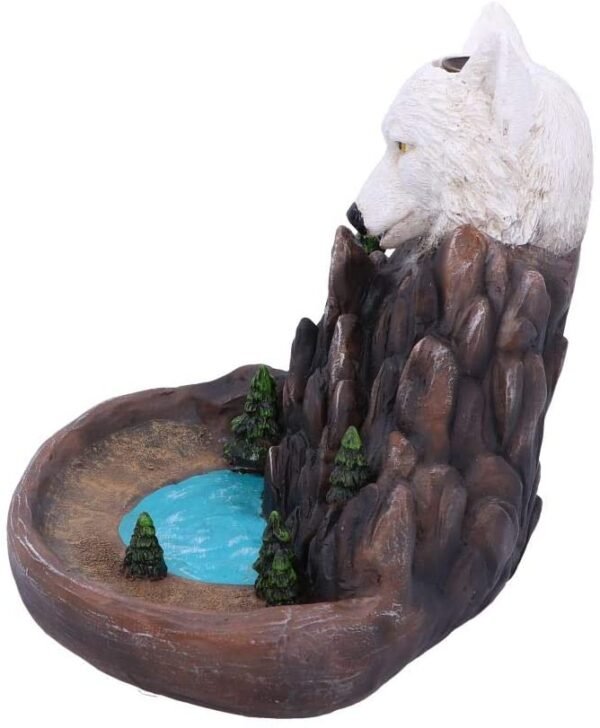 Animal Collection~ Wild Ridge Wolf and Mountain Pool Backflow Incense Cone Burner, Polyresin, Brown, 16.7cm