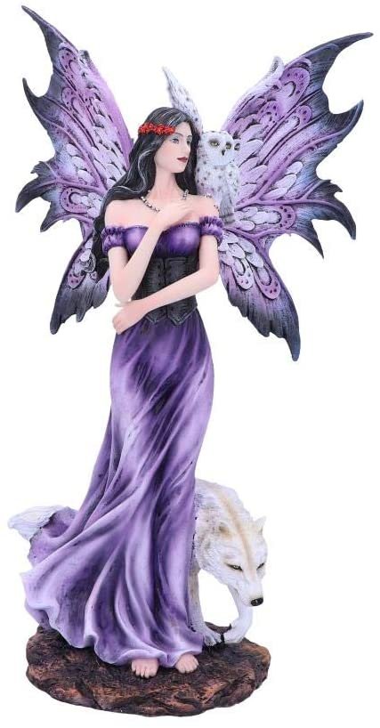 Fantasy Collection~ Amethyst Purple Wolf and Owl Fairy Companion Figurine, Polyresin, 39.5cm