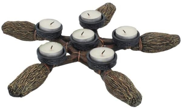 Wiccan Collection~Broomstick Pentagram Tea Light Holder 34cm, Resin, Brown, One Size