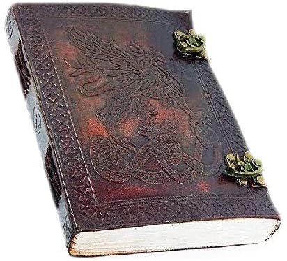 Witchcraft~Handmade Large 8" Embossed Leather Bound Journal Dragon with lock Genuine Brown Antique Old personal Diary notebook journal gift
